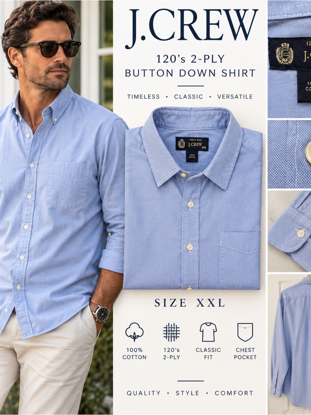 Crew 120’s 2-Ply Cotton Blue Button Down Shirt XXL Classic Fit